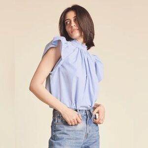 Trovata Small Carla Highneck Shirt in Blue White Stripe Flutter Sleeve Preppy